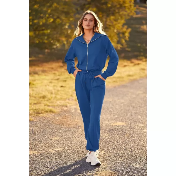imagePRETTYGARDEN Womens 2 Piece Tracksuit Outfits Long Sleeve Zip Up Sweatshirt Drawstring Sweatpants Lounge SetDark Blue