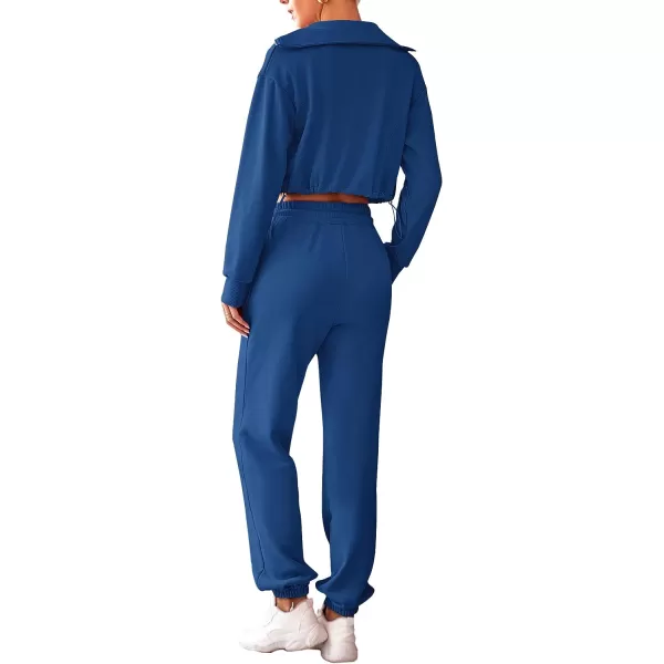 imagePRETTYGARDEN Womens 2 Piece Tracksuit Outfits Long Sleeve Zip Up Sweatshirt Drawstring Sweatpants Lounge SetDark Blue