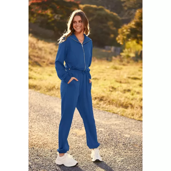 imagePRETTYGARDEN Womens 2 Piece Tracksuit Outfits Long Sleeve Zip Up Sweatshirt Drawstring Sweatpants Lounge SetDark Blue