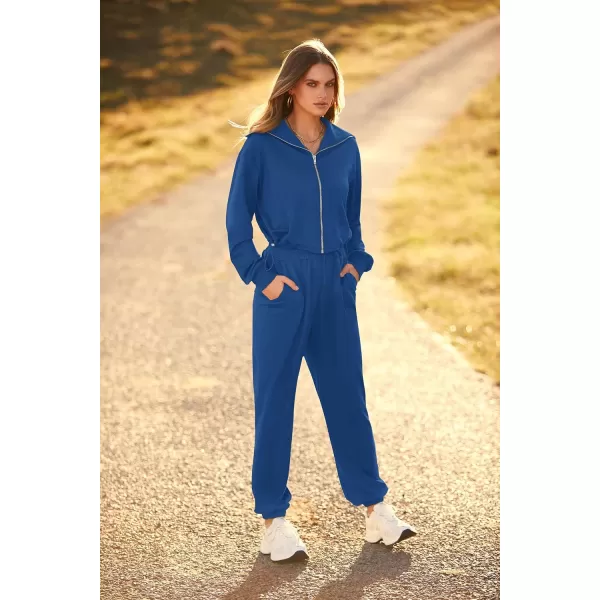 imagePRETTYGARDEN Womens 2 Piece Tracksuit Outfits Long Sleeve Zip Up Sweatshirt Drawstring Sweatpants Lounge SetDark Blue