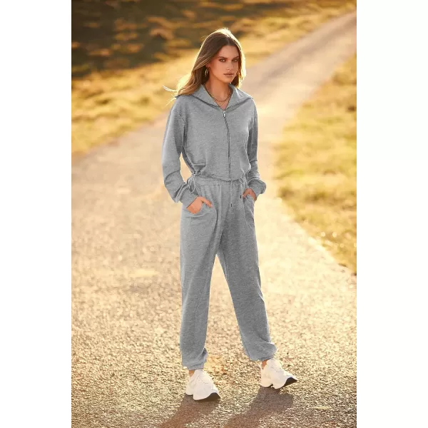 imagePRETTYGARDEN Womens 2 Piece Tracksuit Outfits Long Sleeve Zip Up Sweatshirt Drawstring Sweatpants Lounge SetGrey