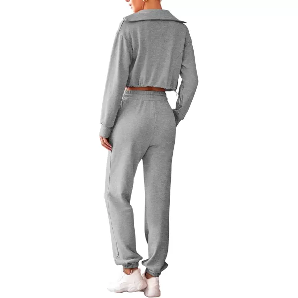 imagePRETTYGARDEN Womens 2 Piece Tracksuit Outfits Long Sleeve Zip Up Sweatshirt Drawstring Sweatpants Lounge SetGrey