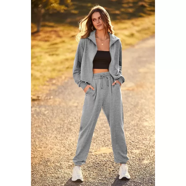 imagePRETTYGARDEN Womens 2 Piece Tracksuit Outfits Long Sleeve Zip Up Sweatshirt Drawstring Sweatpants Lounge SetGrey