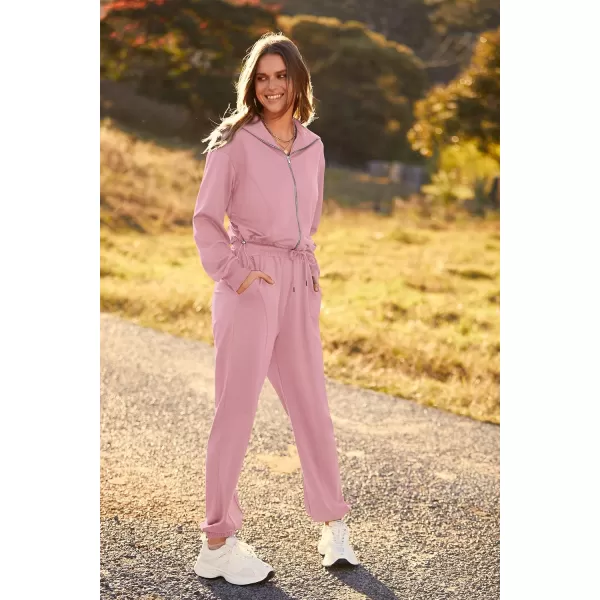 imagePRETTYGARDEN Womens 2 Piece Tracksuit Outfits Long Sleeve Zip Up Sweatshirt Drawstring Sweatpants Lounge SetPink