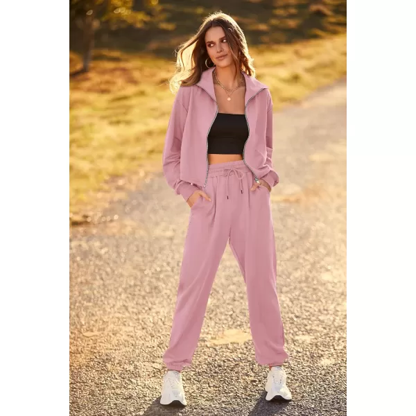 imagePRETTYGARDEN Womens 2 Piece Tracksuit Outfits Long Sleeve Zip Up Sweatshirt Drawstring Sweatpants Lounge SetPink
