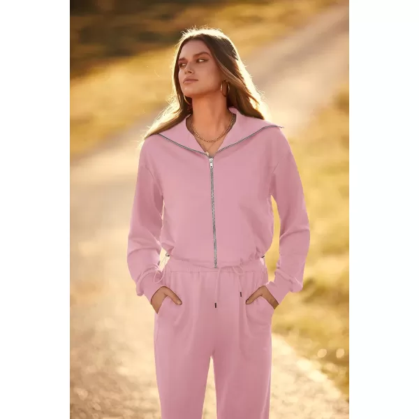 imagePRETTYGARDEN Womens 2 Piece Tracksuit Outfits Long Sleeve Zip Up Sweatshirt Drawstring Sweatpants Lounge SetPink