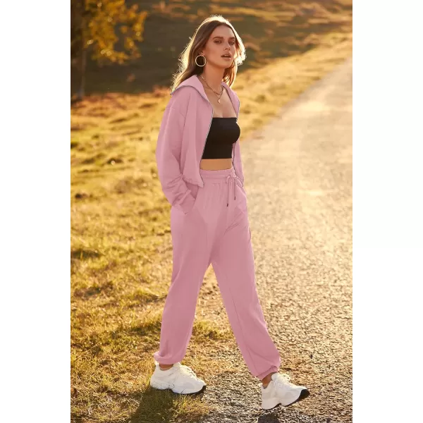 imagePRETTYGARDEN Womens 2 Piece Tracksuit Outfits Long Sleeve Zip Up Sweatshirt Drawstring Sweatpants Lounge SetPink