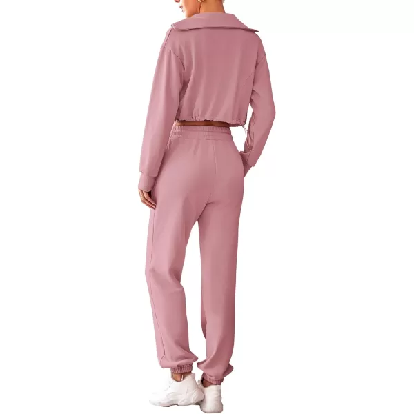 imagePRETTYGARDEN Womens 2 Piece Tracksuit Outfits Long Sleeve Zip Up Sweatshirt Drawstring Sweatpants Lounge SetPink
