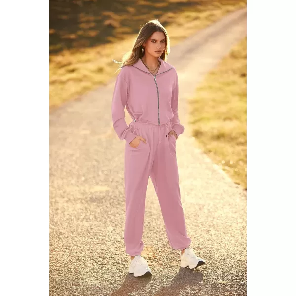 imagePRETTYGARDEN Womens 2 Piece Tracksuit Outfits Long Sleeve Zip Up Sweatshirt Drawstring Sweatpants Lounge SetPink