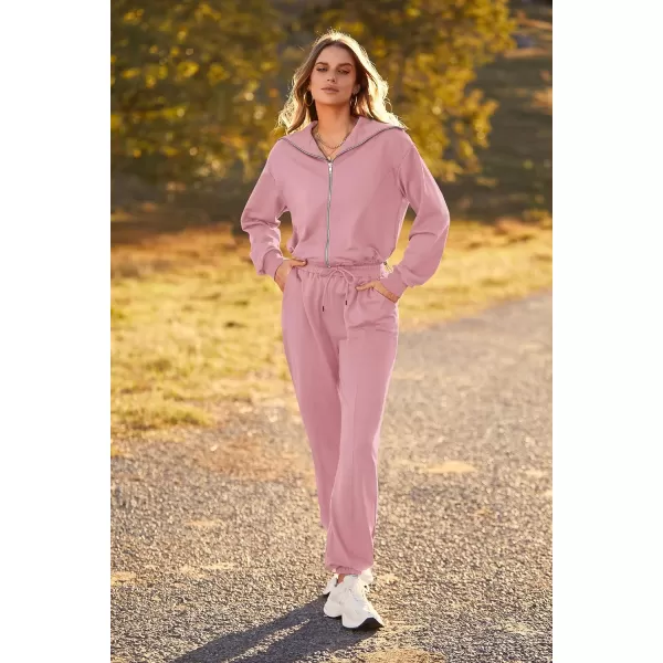 imagePRETTYGARDEN Womens 2 Piece Tracksuit Outfits Long Sleeve Zip Up Sweatshirt Drawstring Sweatpants Lounge SetPink