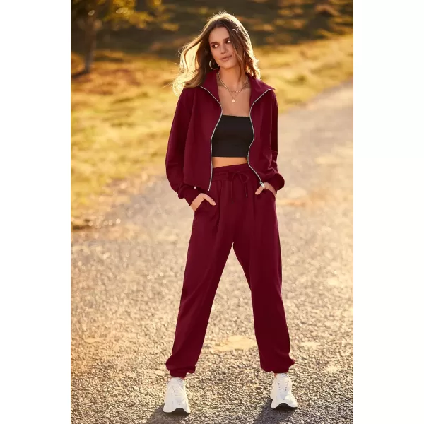 imagePRETTYGARDEN Womens 2 Piece Tracksuit Outfits Long Sleeve Zip Up Sweatshirt Drawstring Sweatpants Lounge SetWine Red