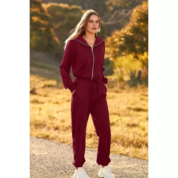 imagePRETTYGARDEN Womens 2 Piece Tracksuit Outfits Long Sleeve Zip Up Sweatshirt Drawstring Sweatpants Lounge SetWine Red