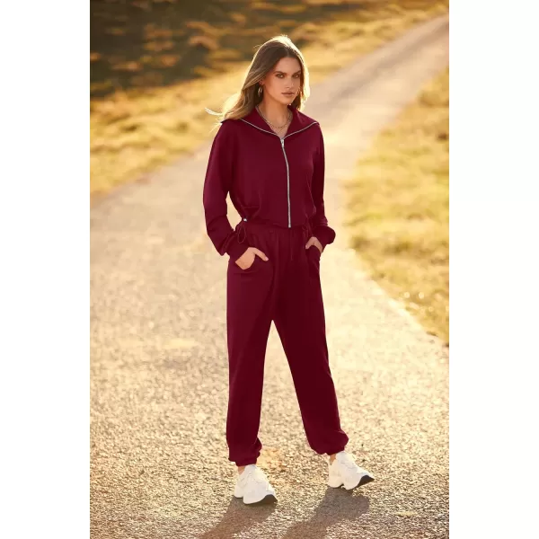 imagePRETTYGARDEN Womens 2 Piece Tracksuit Outfits Long Sleeve Zip Up Sweatshirt Drawstring Sweatpants Lounge SetWine Red