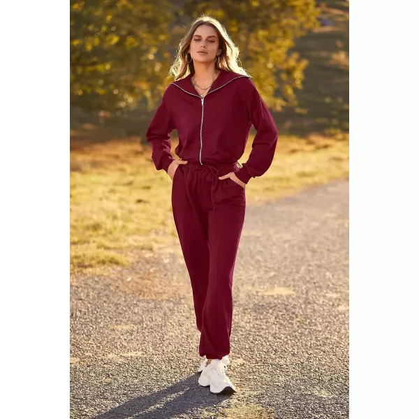 imagePRETTYGARDEN Womens 2 Piece Tracksuit Outfits Long Sleeve Zip Up Sweatshirt Drawstring Sweatpants Lounge SetWine Red