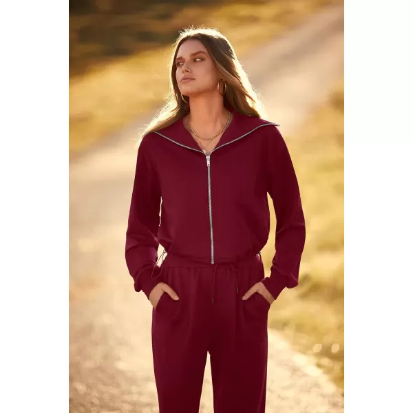 imagePRETTYGARDEN Womens 2 Piece Tracksuit Outfits Long Sleeve Zip Up Sweatshirt Drawstring Sweatpants Lounge SetWine Red