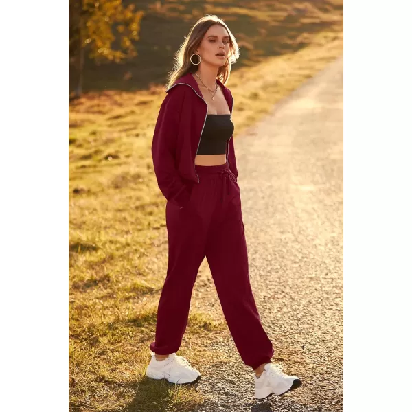 imagePRETTYGARDEN Womens 2 Piece Tracksuit Outfits Long Sleeve Zip Up Sweatshirt Drawstring Sweatpants Lounge SetWine Red
