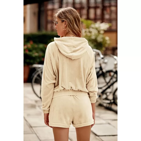 imagePRETTYGARDEN Womens 2 Piece Velour Tracksuit Casual Long Sleeve Zip Up Hoodie And Shorts Set Jogger OutfitsApricot