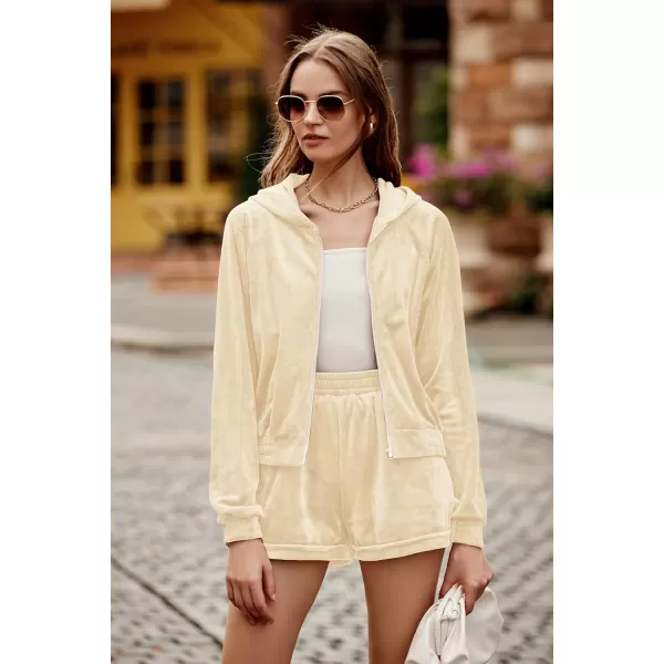 imagePRETTYGARDEN Womens 2 Piece Velour Tracksuit Casual Long Sleeve Zip Up Hoodie And Shorts Set Jogger OutfitsApricot