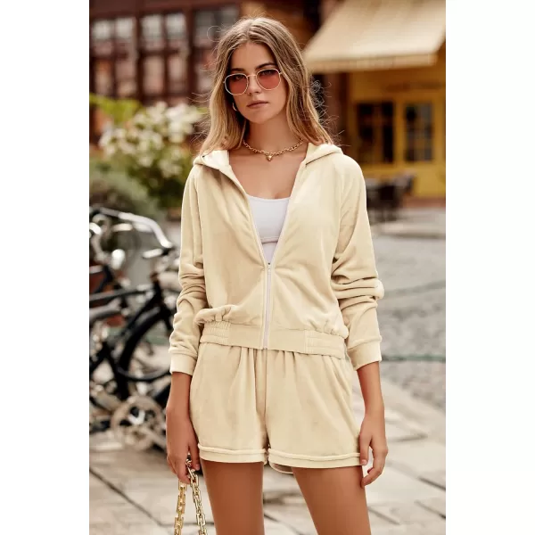 imagePRETTYGARDEN Womens 2 Piece Velour Tracksuit Casual Long Sleeve Zip Up Hoodie And Shorts Set Jogger OutfitsApricot