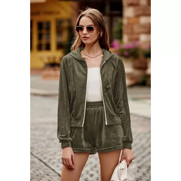 imagePRETTYGARDEN Womens 2 Piece Velour Tracksuit Casual Long Sleeve Zip Up Hoodie And Shorts Set Jogger OutfitsArmy Green