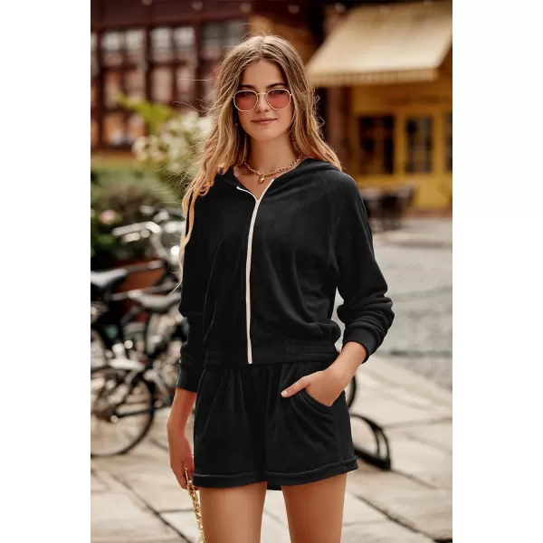 imagePRETTYGARDEN Womens 2 Piece Velour Tracksuit Casual Long Sleeve Zip Up Hoodie And Shorts Set Jogger OutfitsBlack