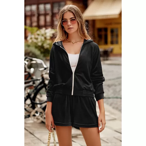 imagePRETTYGARDEN Womens 2 Piece Velour Tracksuit Casual Long Sleeve Zip Up Hoodie And Shorts Set Jogger OutfitsBlack