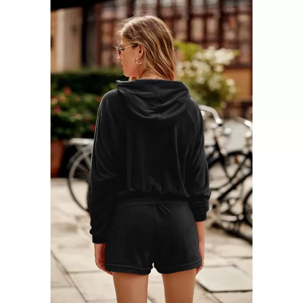 imagePRETTYGARDEN Womens 2 Piece Velour Tracksuit Casual Long Sleeve Zip Up Hoodie And Shorts Set Jogger OutfitsBlack