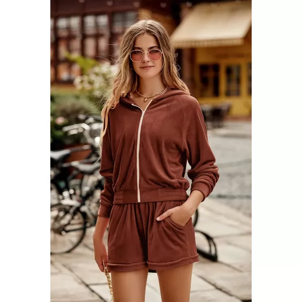 imagePRETTYGARDEN Womens 2 Piece Velour Tracksuit Casual Long Sleeve Zip Up Hoodie And Shorts Set Jogger OutfitsCaramel