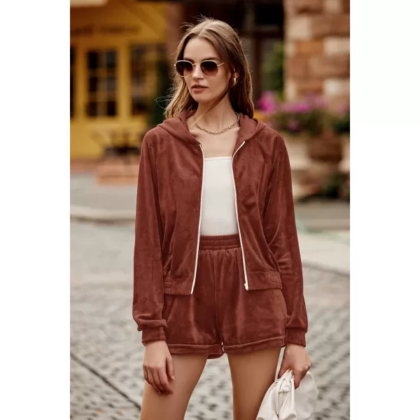 imagePRETTYGARDEN Womens 2 Piece Velour Tracksuit Casual Long Sleeve Zip Up Hoodie And Shorts Set Jogger OutfitsCaramel