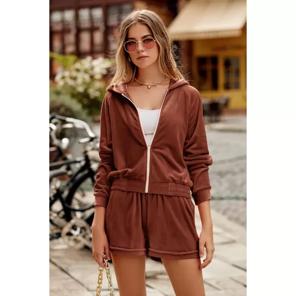 imagePRETTYGARDEN Womens 2 Piece Velour Tracksuit Casual Long Sleeve Zip Up Hoodie And Shorts Set Jogger OutfitsCaramel