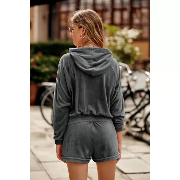 imagePRETTYGARDEN Womens 2 Piece Velour Tracksuit Casual Long Sleeve Zip Up Hoodie And Shorts Set Jogger OutfitsDark Grey
