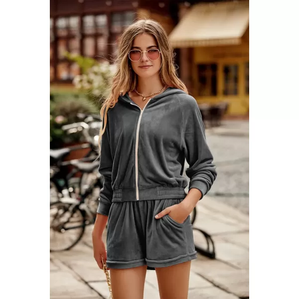 imagePRETTYGARDEN Womens 2 Piece Velour Tracksuit Casual Long Sleeve Zip Up Hoodie And Shorts Set Jogger OutfitsDark Grey