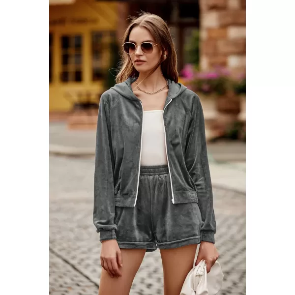 imagePRETTYGARDEN Womens 2 Piece Velour Tracksuit Casual Long Sleeve Zip Up Hoodie And Shorts Set Jogger OutfitsDark Grey