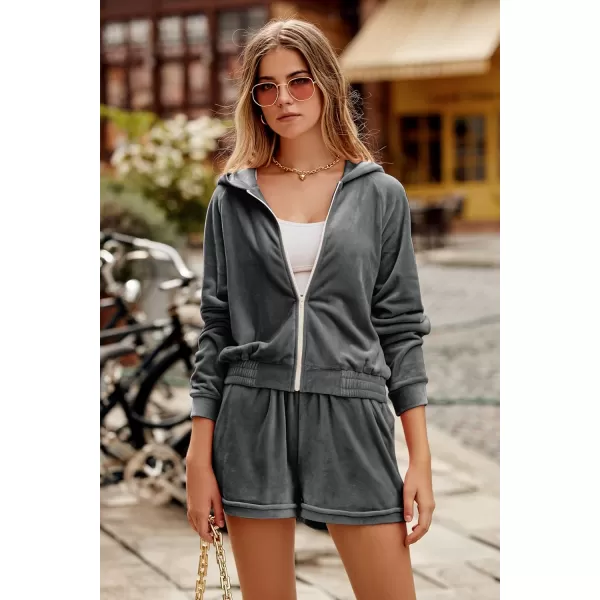 imagePRETTYGARDEN Womens 2 Piece Velour Tracksuit Casual Long Sleeve Zip Up Hoodie And Shorts Set Jogger OutfitsDark Grey
