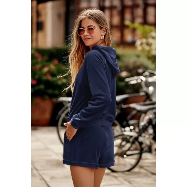 imagePRETTYGARDEN Womens 2 Piece Velour Tracksuit Casual Long Sleeve Zip Up Hoodie And Shorts Set Jogger OutfitsNavy