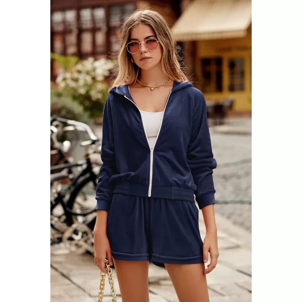imagePRETTYGARDEN Womens 2 Piece Velour Tracksuit Casual Long Sleeve Zip Up Hoodie And Shorts Set Jogger OutfitsNavy