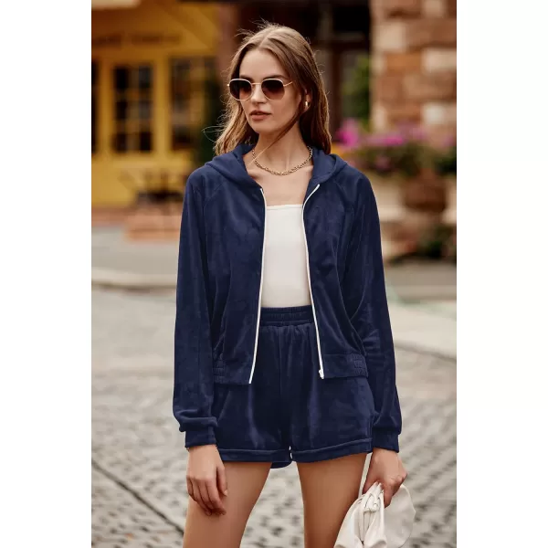 imagePRETTYGARDEN Womens 2 Piece Velour Tracksuit Casual Long Sleeve Zip Up Hoodie And Shorts Set Jogger OutfitsNavy