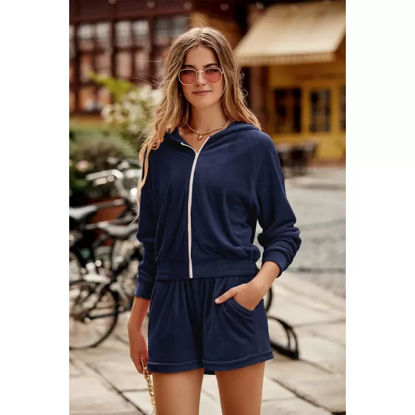 imagePRETTYGARDEN Womens 2 Piece Velour Tracksuit Casual Long Sleeve Zip Up Hoodie And Shorts Set Jogger OutfitsNavy