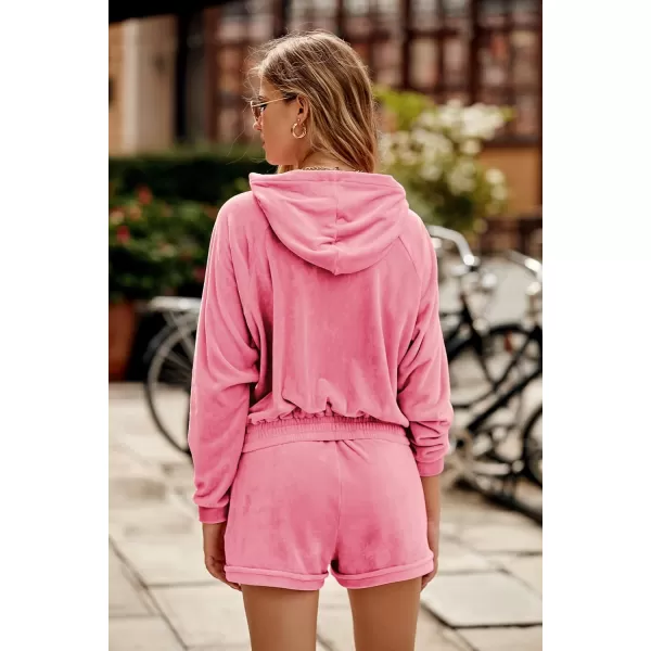 imagePRETTYGARDEN Womens 2 Piece Velour Tracksuit Casual Long Sleeve Zip Up Hoodie And Shorts Set Jogger OutfitsRose Pink