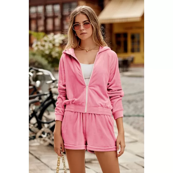 imagePRETTYGARDEN Womens 2 Piece Velour Tracksuit Casual Long Sleeve Zip Up Hoodie And Shorts Set Jogger OutfitsRose Pink