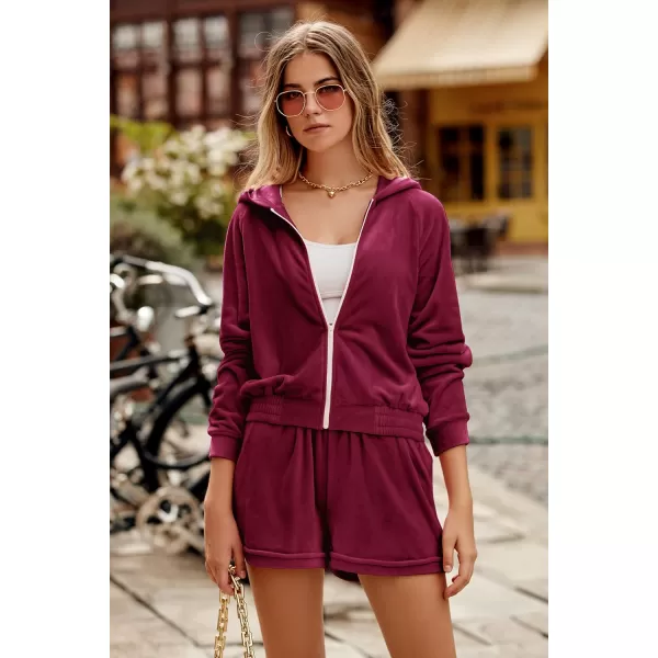 imagePRETTYGARDEN Womens 2 Piece Velour Tracksuit Casual Long Sleeve Zip Up Hoodie And Shorts Set Jogger OutfitsWine Red