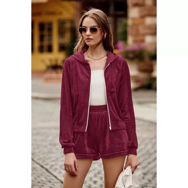 imagePRETTYGARDEN Womens 2 Piece Velour Tracksuit Casual Long Sleeve Zip Up Hoodie And Shorts Set Jogger OutfitsWine Red