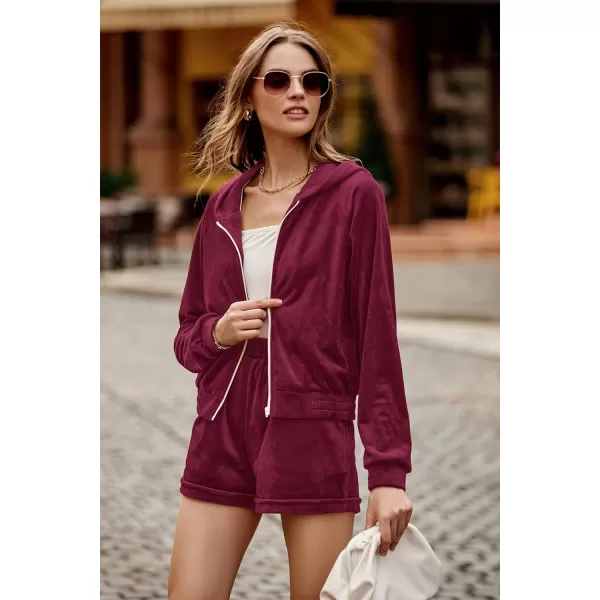 imagePRETTYGARDEN Womens 2 Piece Velour Tracksuit Casual Long Sleeve Zip Up Hoodie And Shorts Set Jogger OutfitsWine Red