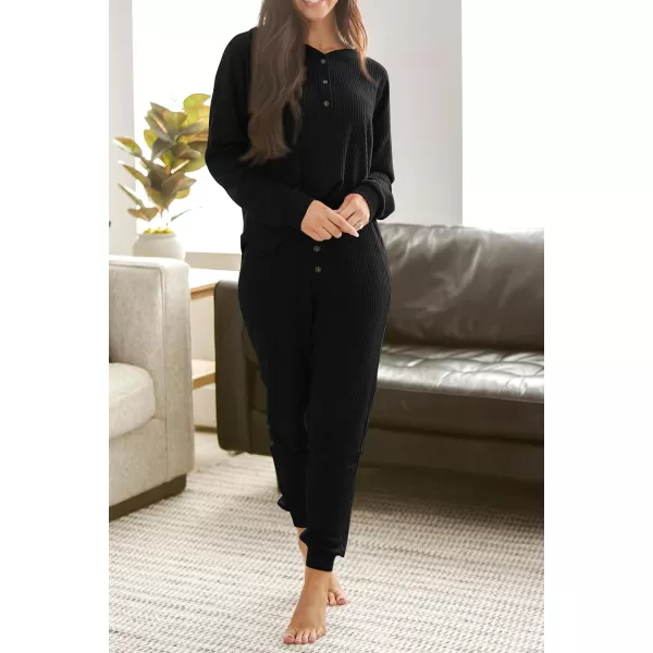 imagePRETTYGARDEN Womens 2 Piece Waffle Knit Lounge Outfit Long Sleeve Henley Top and Sweatpants Set TracksuitBlack