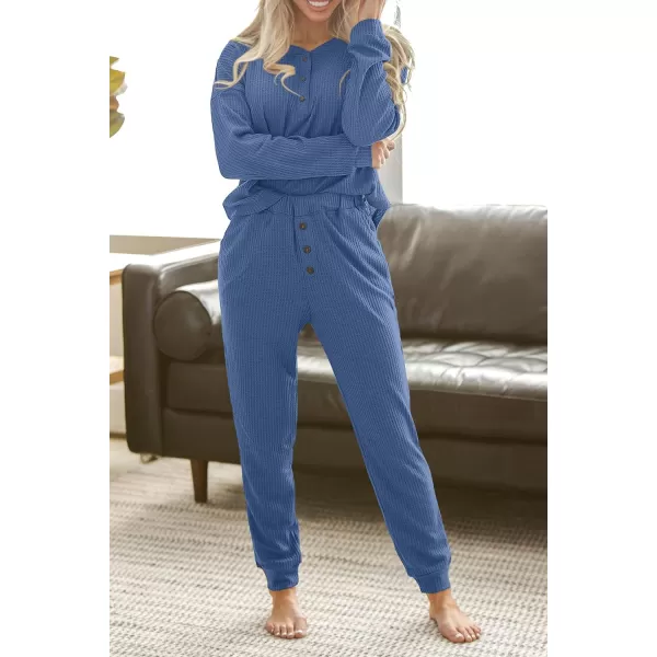 imagePRETTYGARDEN Womens 2 Piece Waffle Knit Lounge Outfit Long Sleeve Henley Top and Sweatpants Set TracksuitBlue