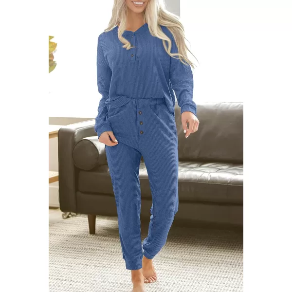 imagePRETTYGARDEN Womens 2 Piece Waffle Knit Lounge Outfit Long Sleeve Henley Top and Sweatpants Set TracksuitBlue