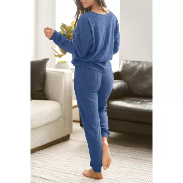 imagePRETTYGARDEN Womens 2 Piece Waffle Knit Lounge Outfit Long Sleeve Henley Top and Sweatpants Set TracksuitBlue