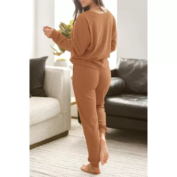 imagePRETTYGARDEN Womens 2 Piece Waffle Knit Lounge Outfit Long Sleeve Henley Top and Sweatpants Set TracksuitCaramel