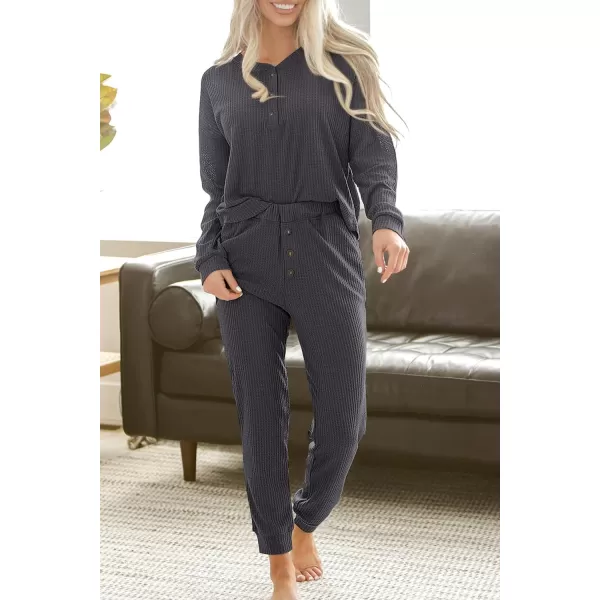 imagePRETTYGARDEN Womens 2 Piece Waffle Knit Lounge Outfit Long Sleeve Henley Top and Sweatpants Set TracksuitDark Grey