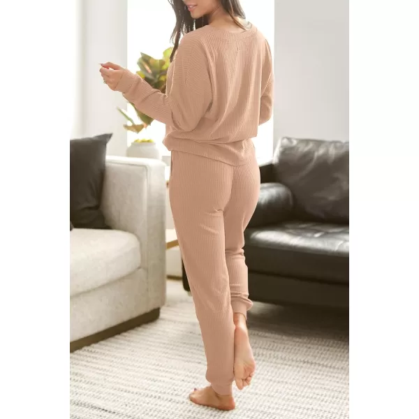 imagePRETTYGARDEN Womens 2 Piece Waffle Knit Lounge Outfit Long Sleeve Henley Top and Sweatpants Set TracksuitKhaki